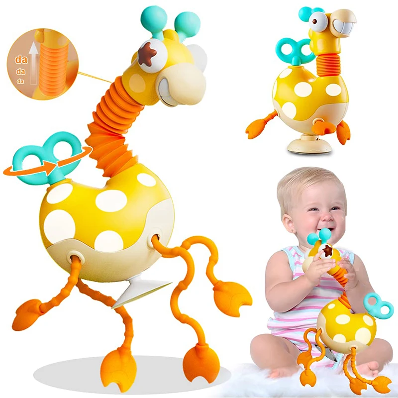 Montessori Baby Sensory Toys Silicone Pull String Activity Giraffe Toy Twisting Clockwork Neck Travel Toys for Toddlers Gifts