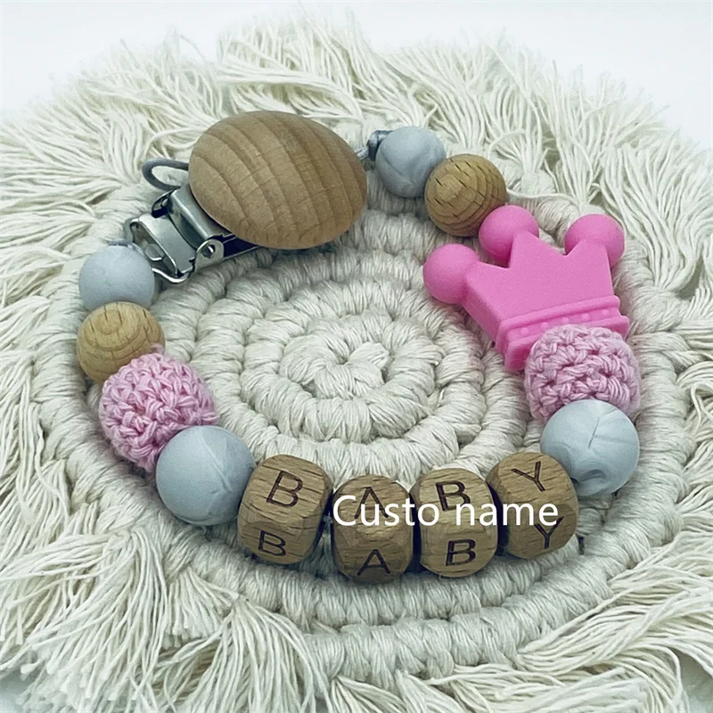 Custom Name Silicone Beads Wooden Ring Pacifier Clips Safe Teething Chains Baby Teether Eco-friendly Dummy Beech Clips Holder