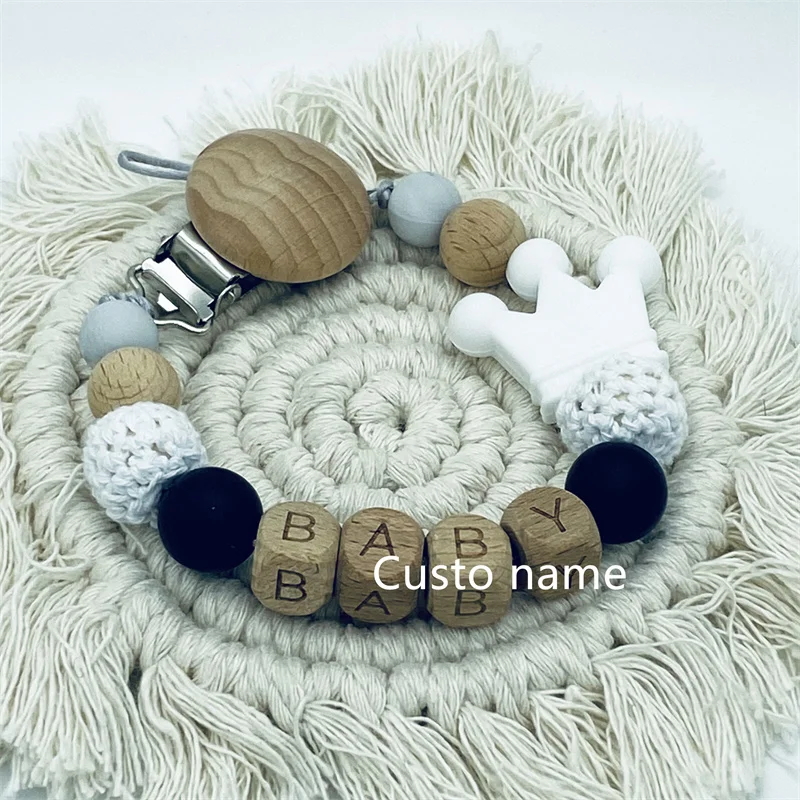 Custom Name Silicone Beads Wooden Ring Pacifier Clips Safe Teething Chains Baby Teether Eco-friendly Dummy Beech Clips Holder