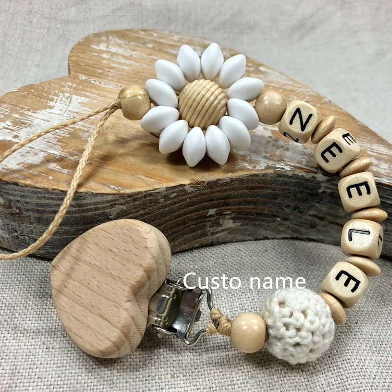 Custom Name Silicone Beads Wooden Ring Pacifier Clips Safe Teething Chains Baby Teether Eco-friendly Dummy Beech Clips Holder