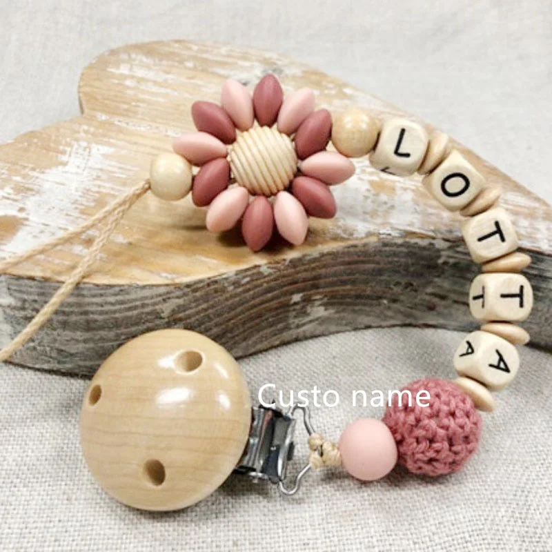 Custom Name Silicone Beads Wooden Ring Pacifier Clips Safe Teething Chains Baby Teether Eco-friendly Dummy Beech Clips Holder